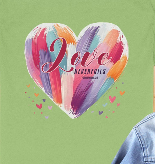 Love Never Fails T-Shirt, Christian Shirt, Inspirational Tee, Faith Based Clothing, Heart T-Shirt, Religious Gift