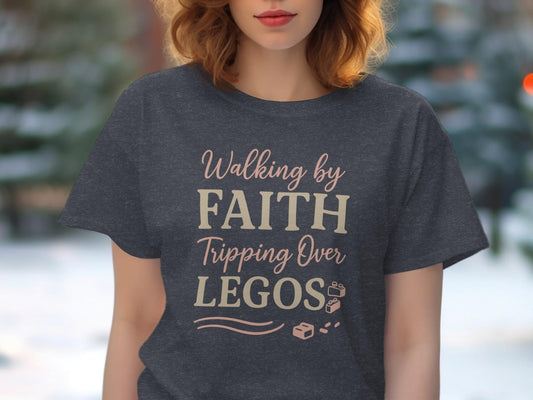 Walking by Faith Tripping Over Legos T-Shirt, Building Blocks, Christian Humor Tee, Parent Life Shirt, Gift for Mom Dad