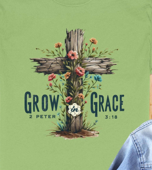 Grow In Grace T-Shirt, Floral Cross Tee, Christian Apparel, Religious Gift, Scripture T-Shirt, Unisex T-Shirt, Faith Based T-Shirt