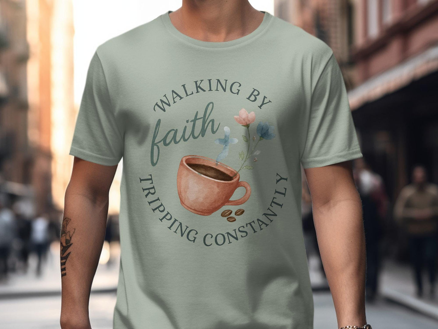 Walking By Faith T-Shirt, Coffee and Flowers Tee, Christian Gift Shirt, Tripping Constantly, Motivational Apparel, Religious T-Shirt