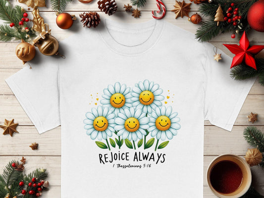 Rejoice Always T-Shirt, Daisy Smile Tee, Christian Verse Shirt, Inspirational Graphic T-Shirt, Floral Happiness Gift