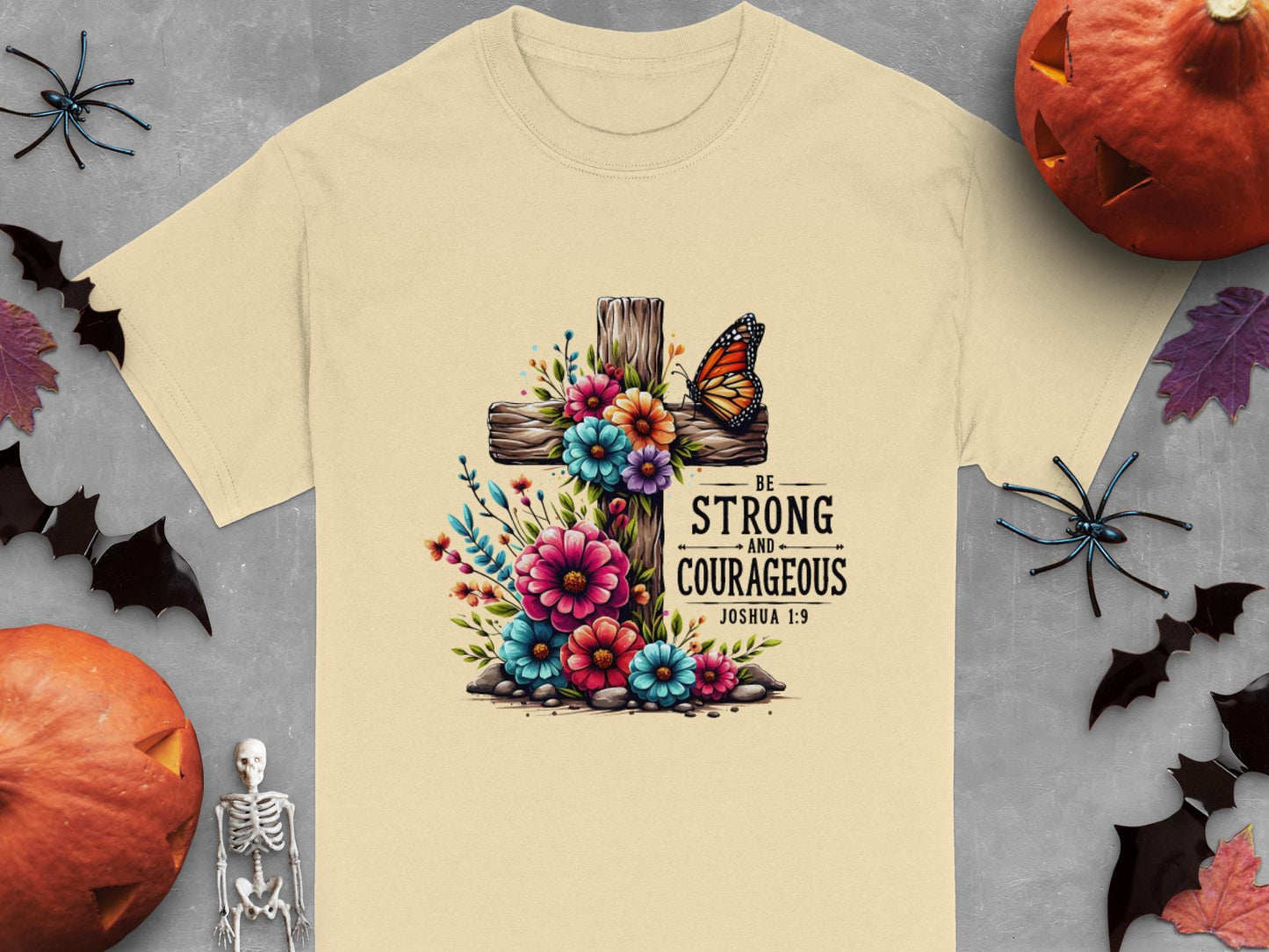 Christian T-Shirt, Floral Cross, Butterfly Shirt, Strong and Courageous Gift, Joshua 1 9 Verse, Religious Tee, Inspirational Apparel