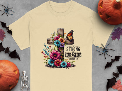 Christian T-Shirt, Floral Cross, Butterfly Shirt, Strong and Courageous Gift, Joshua 1 9 Verse, Religious Tee, Inspirational Apparel