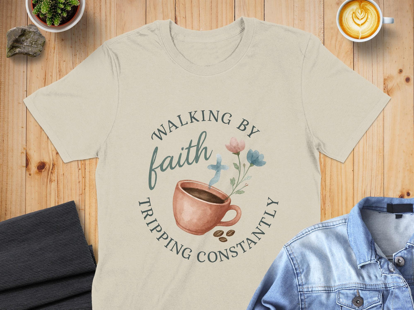 Walking By Faith T-Shirt, Coffee and Flowers Tee, Christian Gift Shirt, Tripping Constantly, Motivational Apparel, Religious T-Shirt