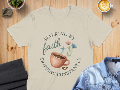 Walking By Faith T-Shirt, Coffee and Flowers Tee, Christian Gift Shirt, Tripping Constantly, Motivational Apparel, Religious T-Shirt
