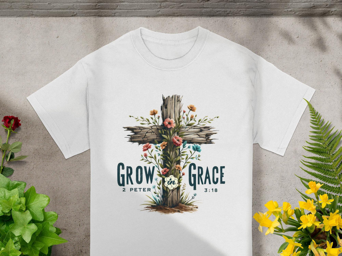 Grow In Grace T-Shirt, Floral Cross Tee, Christian Apparel, Religious Gift, Scripture T-Shirt, Unisex T-Shirt, Faith Based T-Shirt