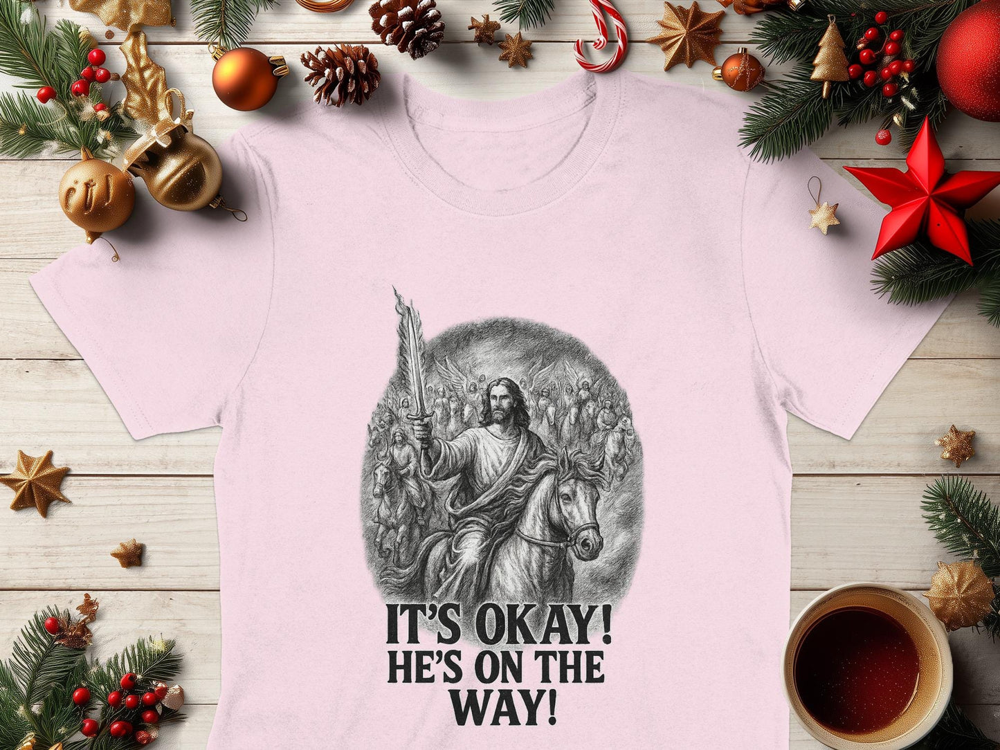 It's Okay He's on the Way T-Shirt, Christian Shirt, Religious Tee, Jesus, Angels, Horse Rider, Faith Based Clothing, Graphic Tee