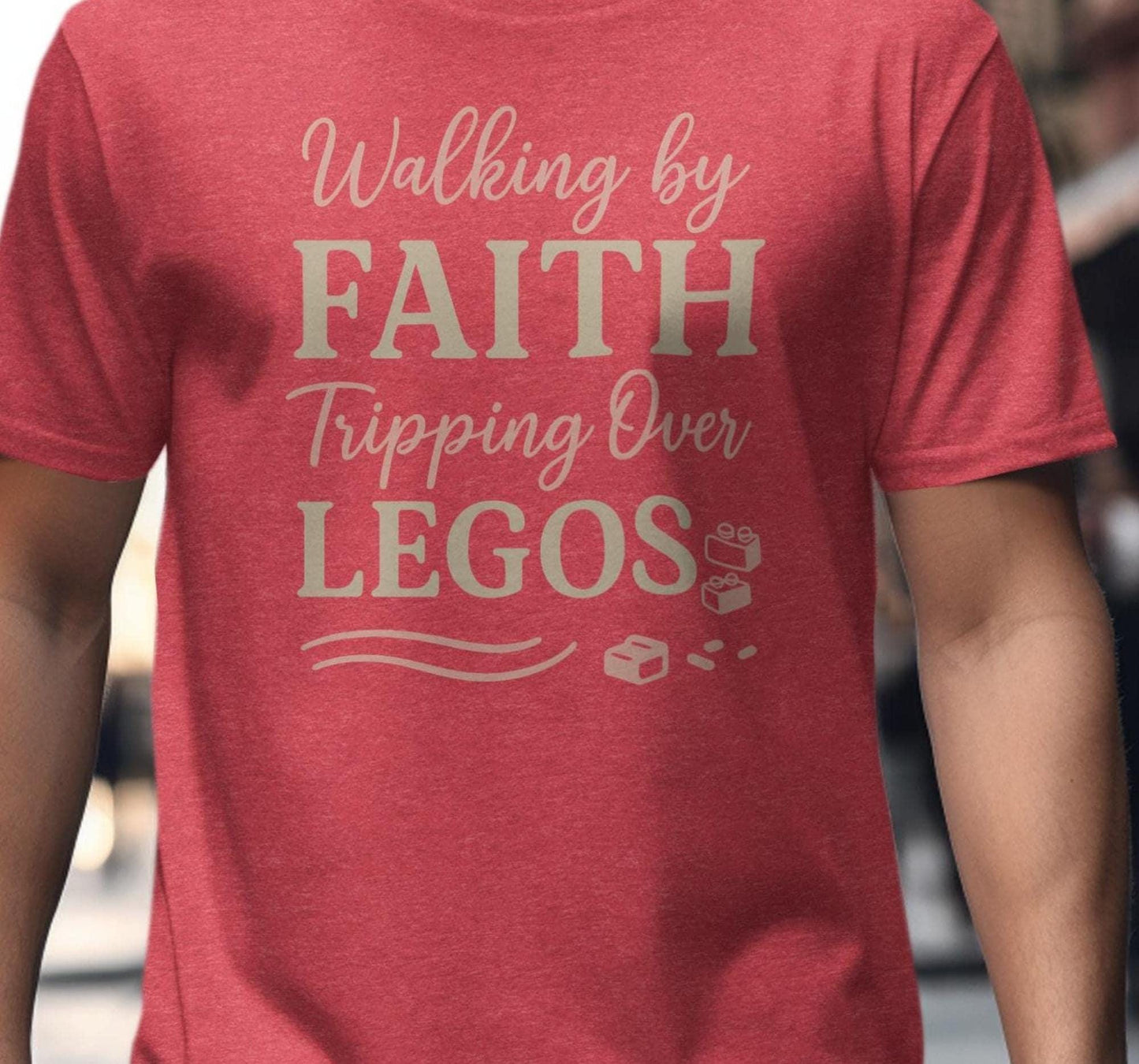 Walking by Faith Tripping Over Legos T-Shirt, Building Blocks, Christian Humor Tee, Parent Life Shirt, Gift for Mom Dad