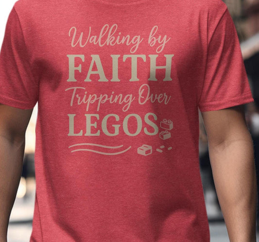 Walking by Faith Tripping Over Legos T-Shirt, Building Blocks, Christian Humor Tee, Parent Life Shirt, Gift for Mom Dad