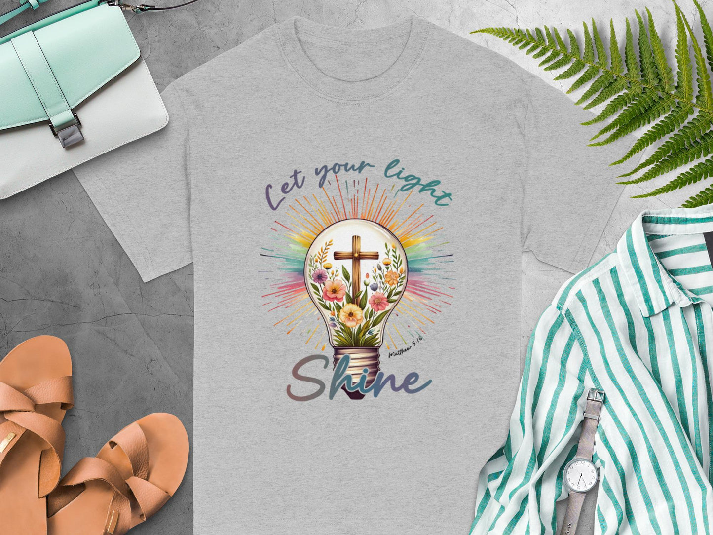 Christian Light T-Shirt, Religious Tee, Let Your Light Shine Shirt, Floral Bulb Shirt, Gift for Christian, Matthew 5:16 Tee, Faith Shirt