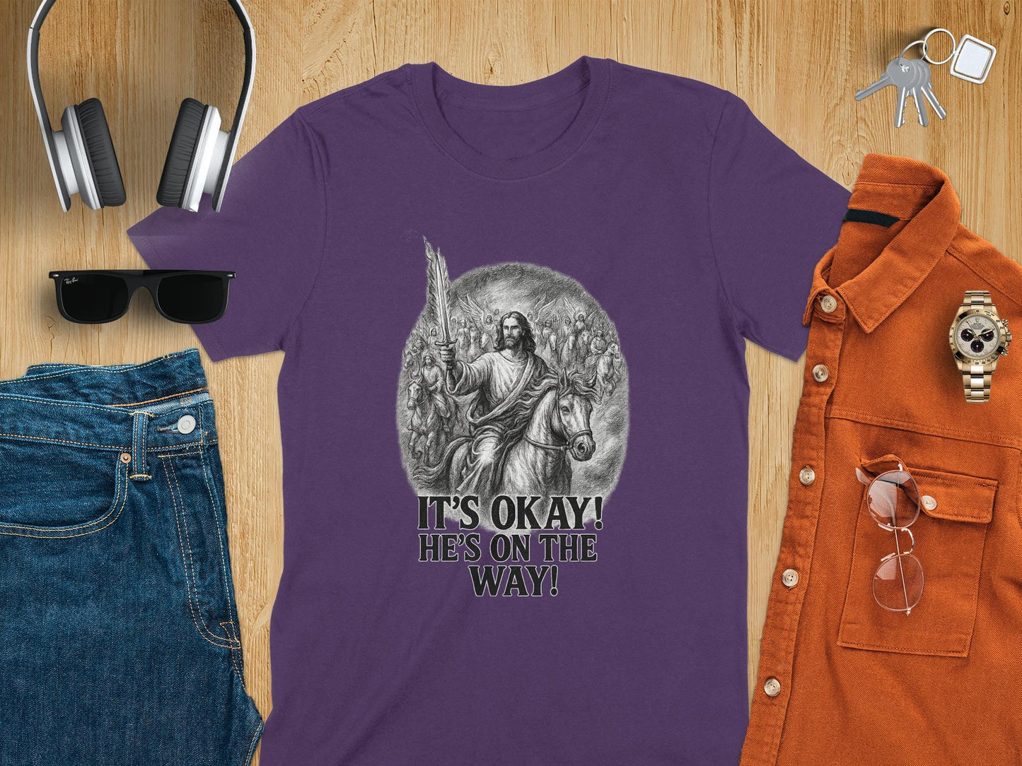 It's Okay He's on the Way T-Shirt, Christian Shirt, Religious Tee, Jesus, Angels, Horse Rider, Faith Based Clothing, Graphic Tee
