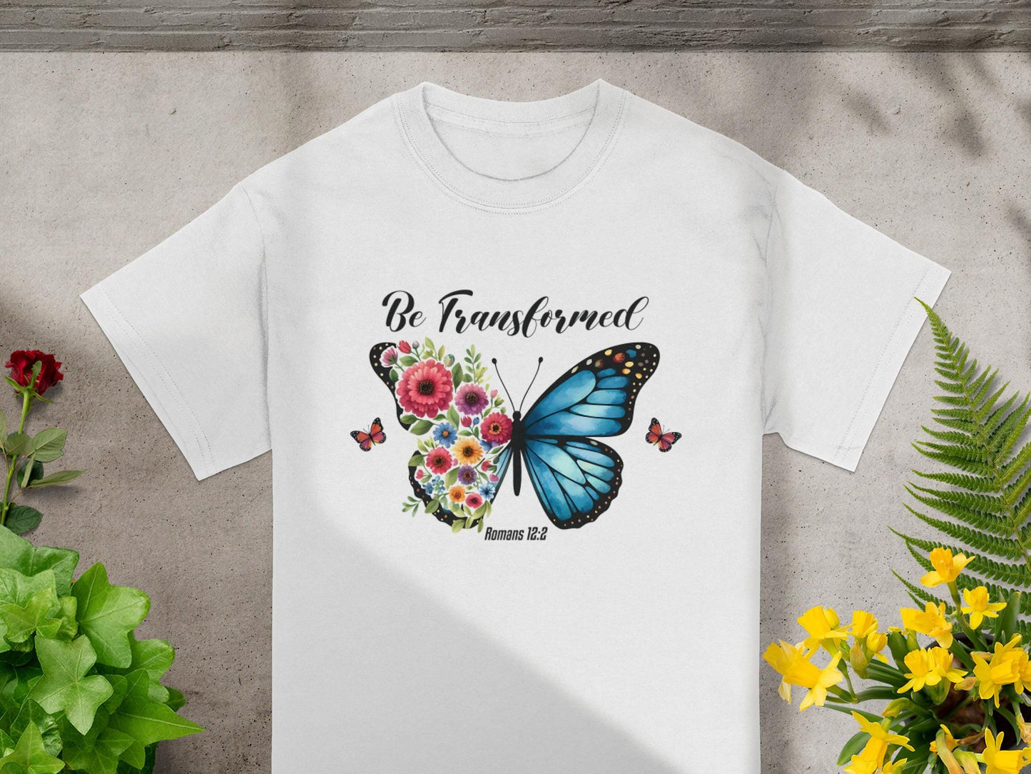 Butterfly Floral T-Shirt, Be Transformed Tee, Romans 12:2 Shirt, Christian TShirt, Motivational Shirt, Religious Gift, Trendy Top