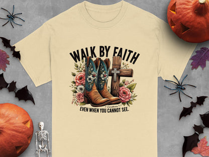 Walk by Faith T-Shirt, Floral Boots, Christian Gift, Religious Tee, Cross Graphic, Even When You Cannot See, Spiritual Clothing