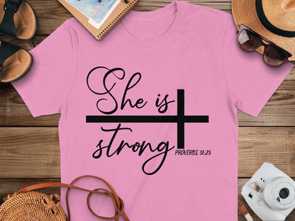 She is Strong T-Shirt, Proverbs 31 25 Shirt, Religious Gift, Christian Tee, Bible Verse Shirt, Faith Shirt, Inspirational Shirt