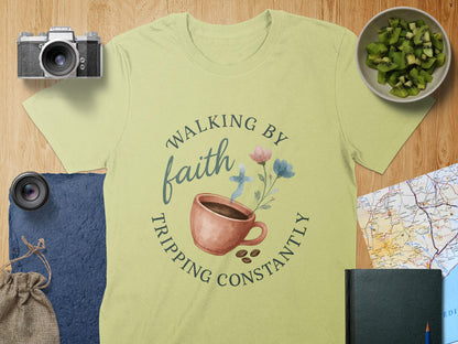 Walking By Faith T-Shirt, Coffee and Flowers Tee, Christian Gift Shirt, Tripping Constantly, Motivational Apparel, Religious T-Shirt