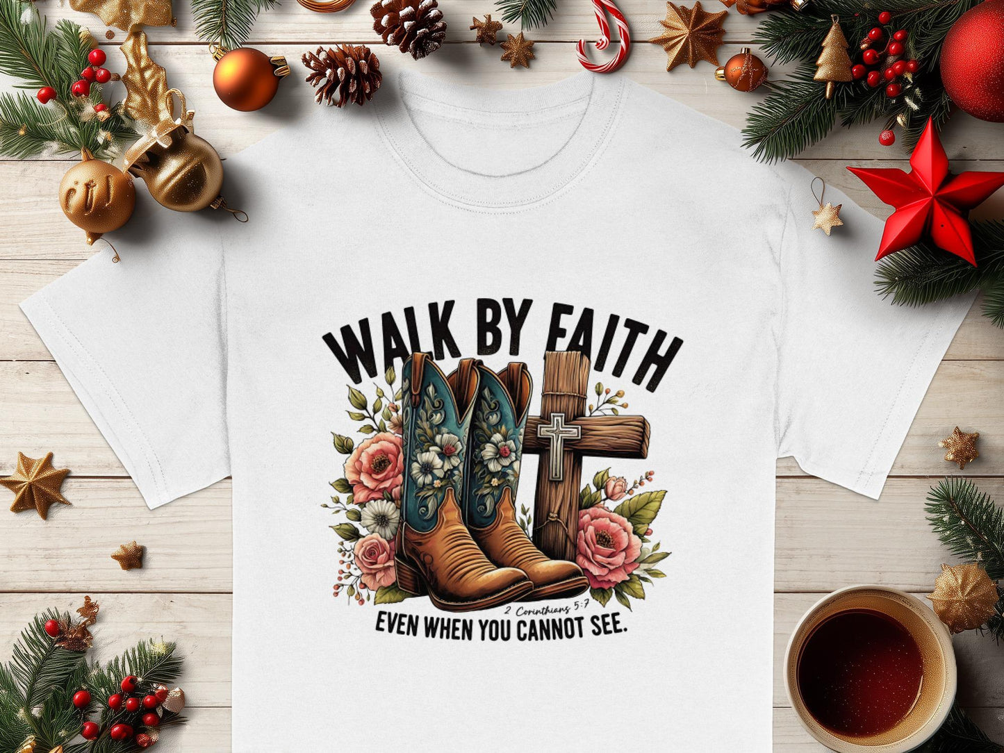 Walk by Faith T-Shirt, Floral Boots, Christian Gift, Religious Tee, Cross Graphic, Even When You Cannot See, Spiritual Clothing
