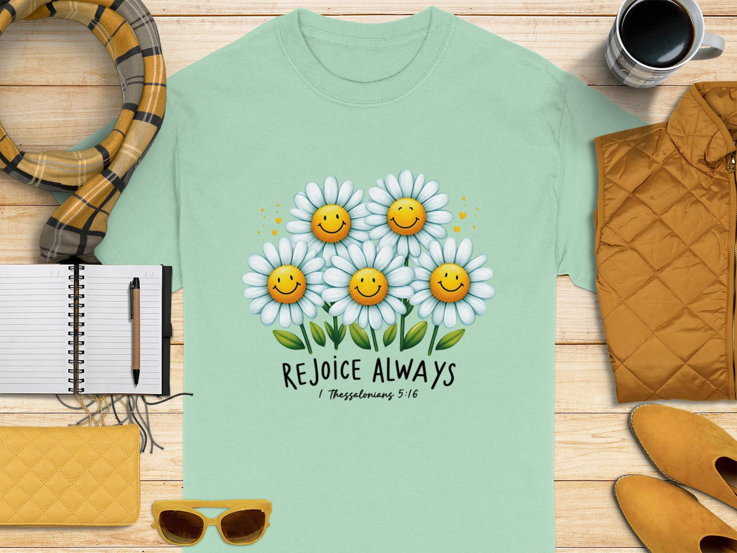 Rejoice Always T-Shirt, Daisy Smile Tee, Christian Verse Shirt, Inspirational Graphic T-Shirt, Floral Happiness Gift