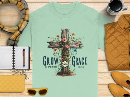 Grow In Grace T-Shirt, Floral Cross Tee, Christian Apparel, Religious Gift, Scripture T-Shirt, Unisex T-Shirt, Faith Based T-Shirt