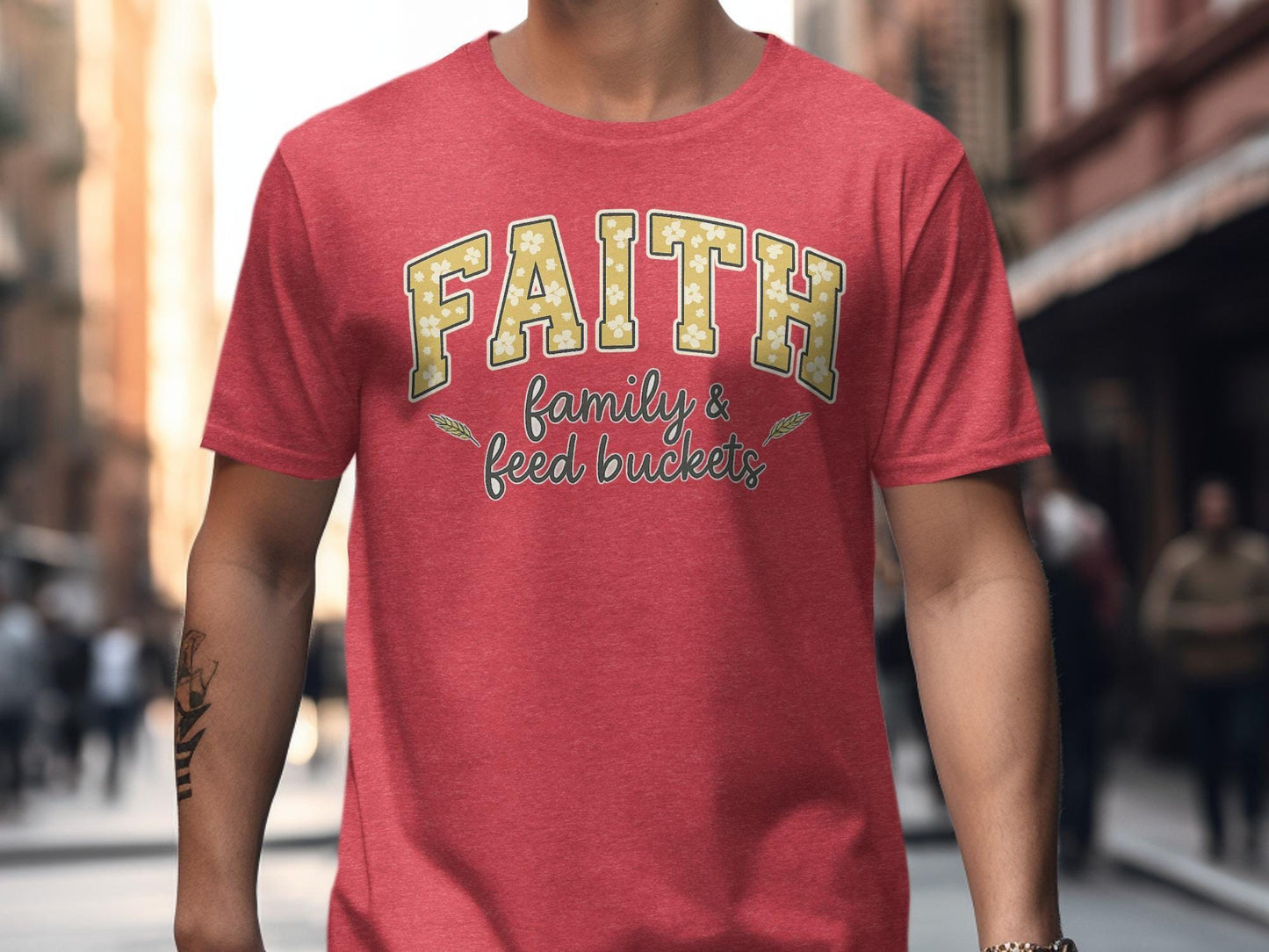 Faith Family T-Shirt, Feed Buckets, Religious Graphic Tee, Christian Apparel, Inspirational Design, Trendy Shirt, Casual Outfit