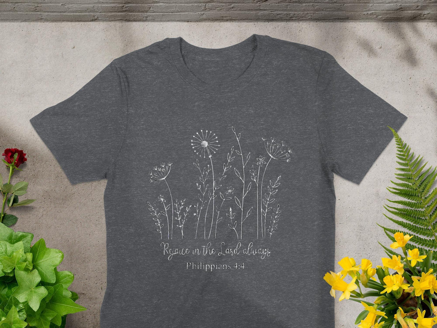 Rejoice in the Lord T-Shirt, Christian Verse Tee, Floral Graphic Shirt, Religious Apparel, Philippians 4 4 Shirt, Gift for Believer