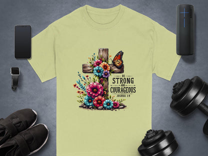Christian T-Shirt, Floral Cross, Butterfly Shirt, Strong and Courageous Gift, Joshua 1 9 Verse, Religious Tee, Inspirational Apparel