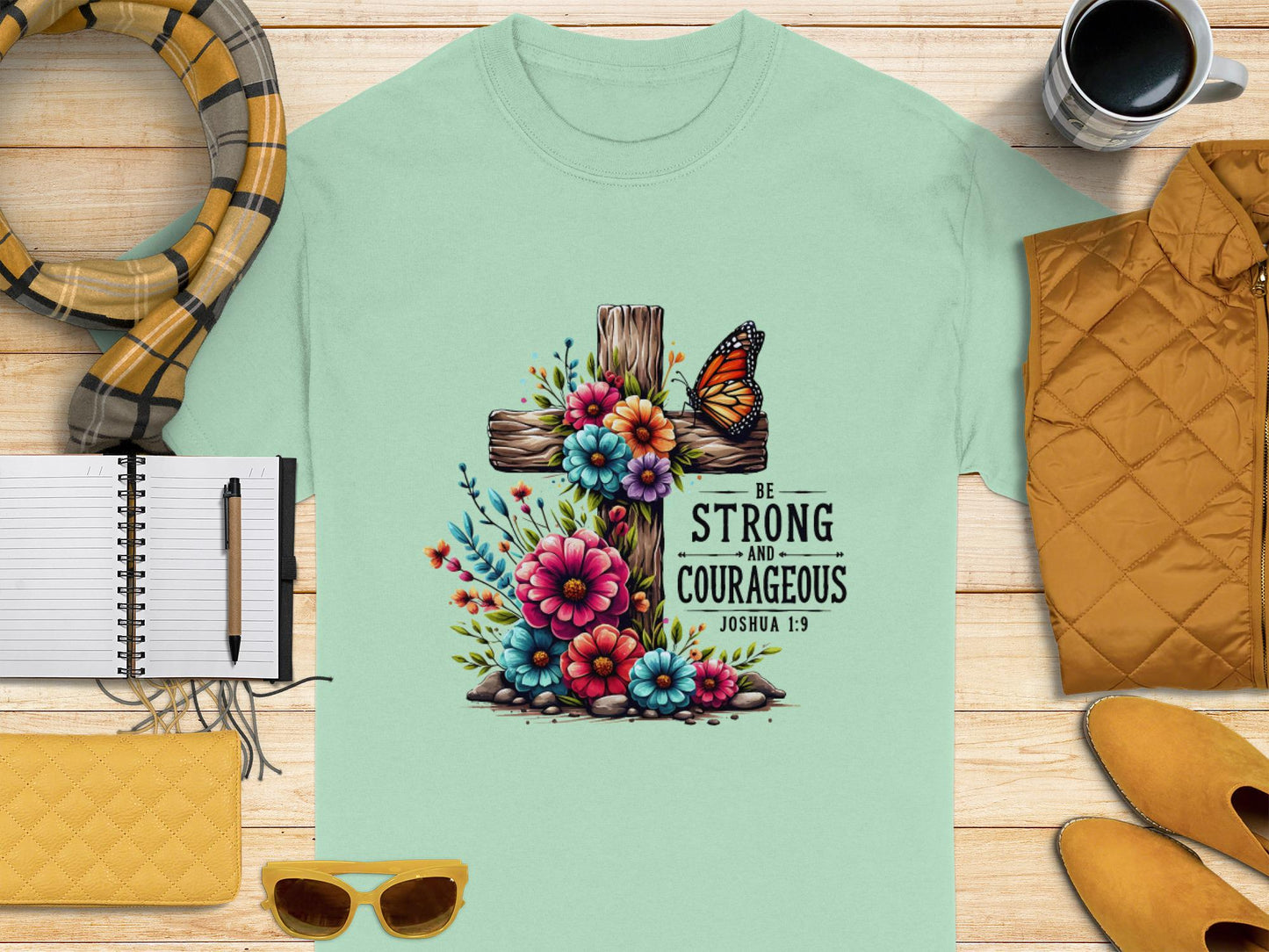 Christian T-Shirt, Floral Cross, Butterfly Shirt, Strong and Courageous Gift, Joshua 1 9 Verse, Religious Tee, Inspirational Apparel