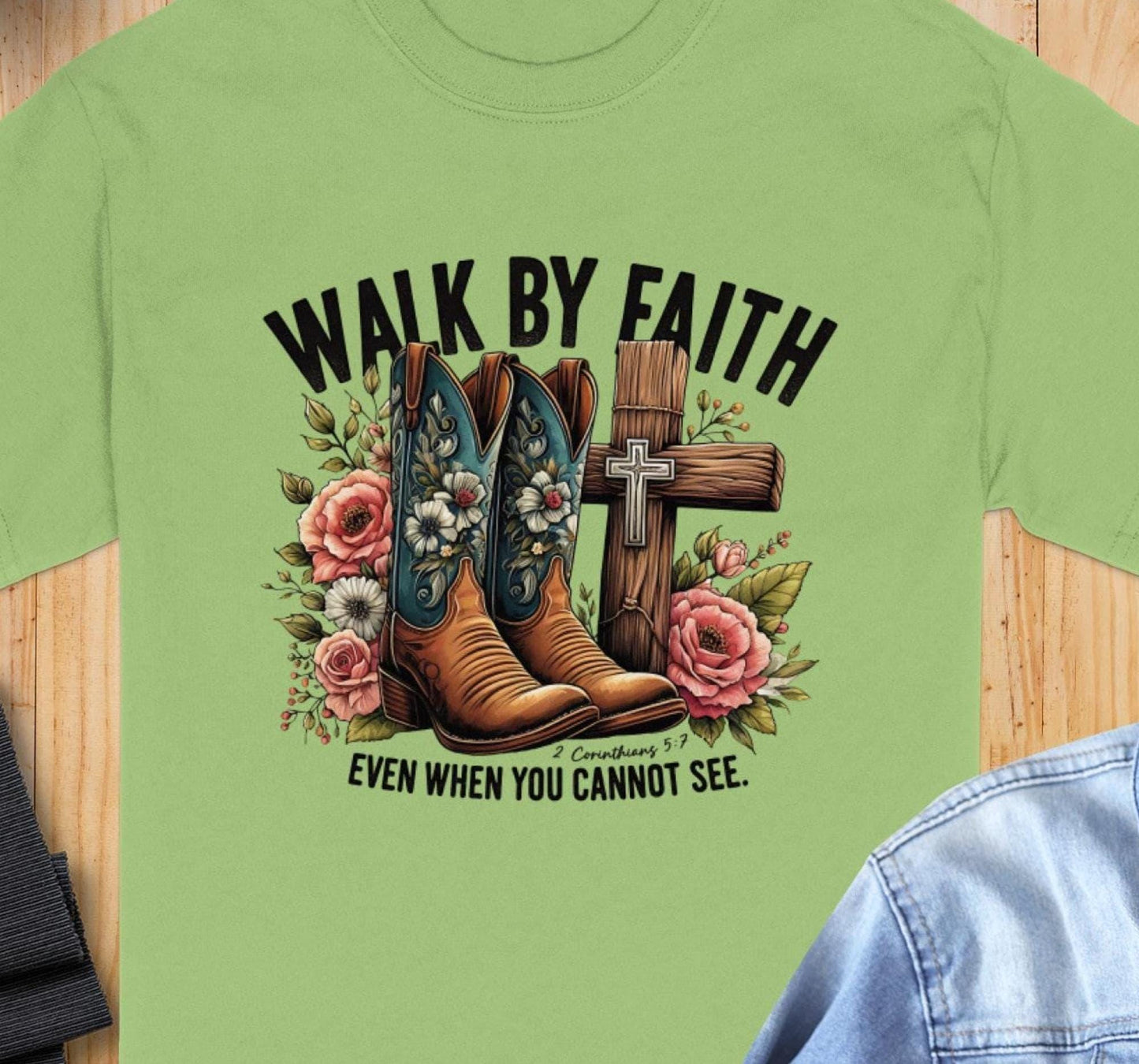 Walk by Faith T-Shirt, Floral Boots, Christian Gift, Religious Tee, Cross Graphic, Even When You Cannot See, Spiritual Clothing