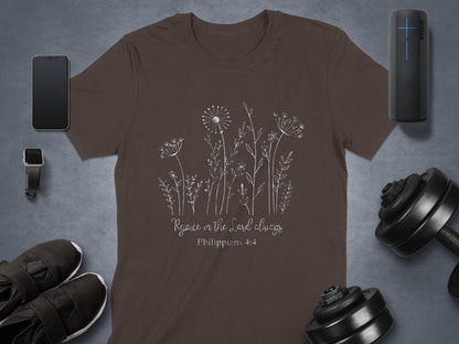 Rejoice in the Lord T-Shirt, Christian Verse Tee, Floral Graphic Shirt, Religious Apparel, Philippians 4 4 Shirt, Gift for Believer