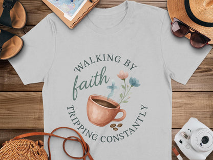 Walking By Faith T-Shirt, Coffee and Flowers Tee, Christian Gift Shirt, Tripping Constantly, Motivational Apparel, Religious T-Shirt
