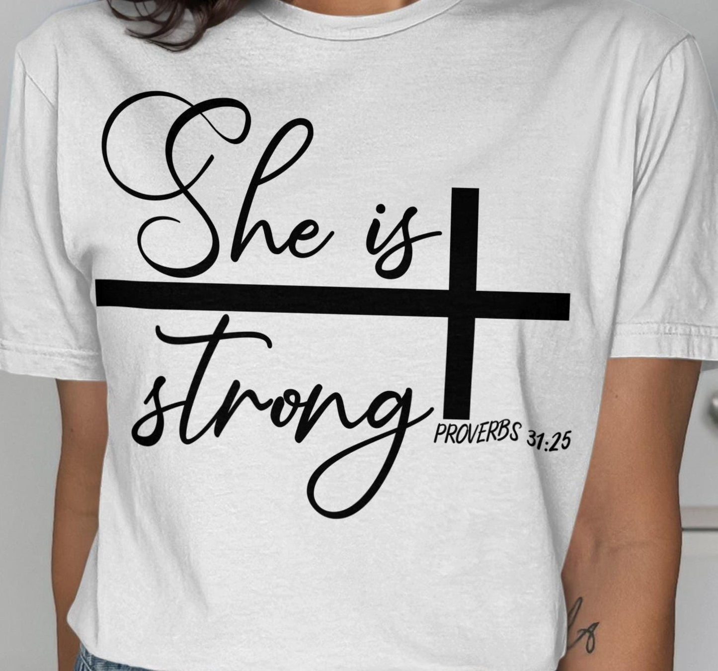 She is Strong T-Shirt, Proverbs 31 25 Shirt, Religious Gift, Christian Tee, Bible Verse Shirt, Faith Shirt, Inspirational Shirt