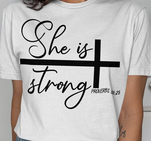 She is Strong T-Shirt, Proverbs 31 25 Shirt, Religious Gift, Christian Tee, Bible Verse Shirt, Faith Shirt, Inspirational Shirt