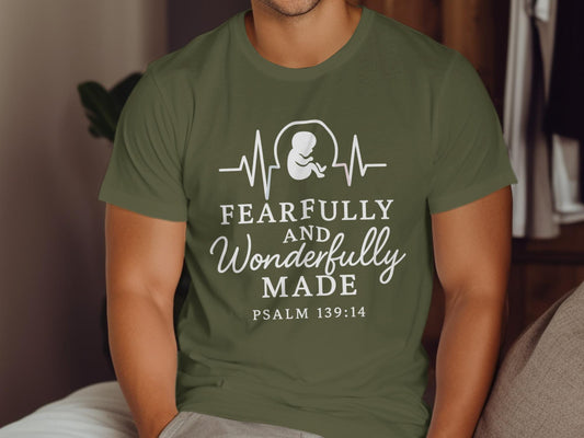 Fearfully and Wonderfully Made T Shirt, Psalm 139 14, Fetus Heartbeat, Pro Life Tee, Christian Gift, Religious Shirt