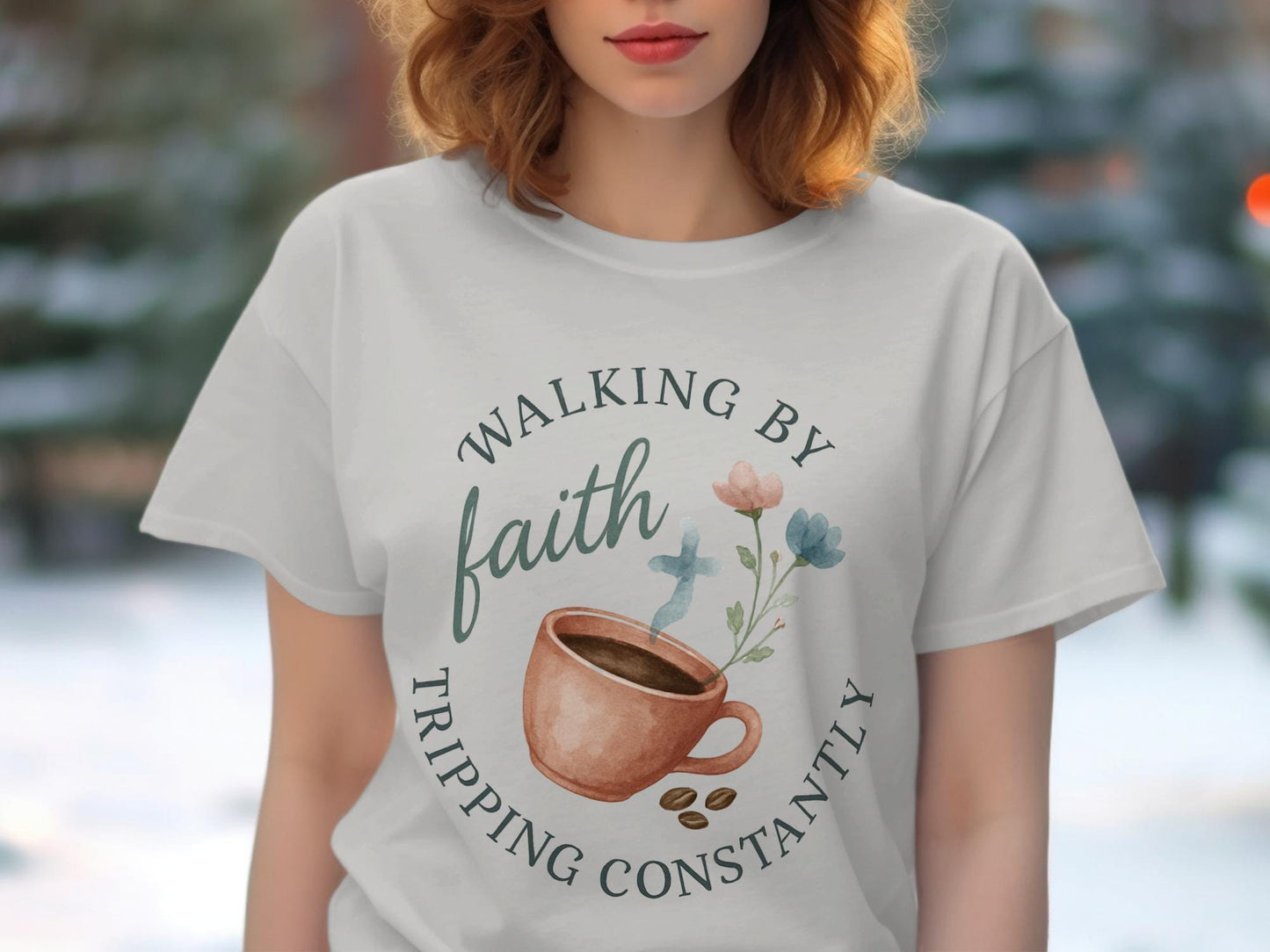 Walking By Faith T-Shirt, Coffee and Flowers Tee, Christian Gift Shirt, Tripping Constantly, Motivational Apparel, Religious T-Shirt