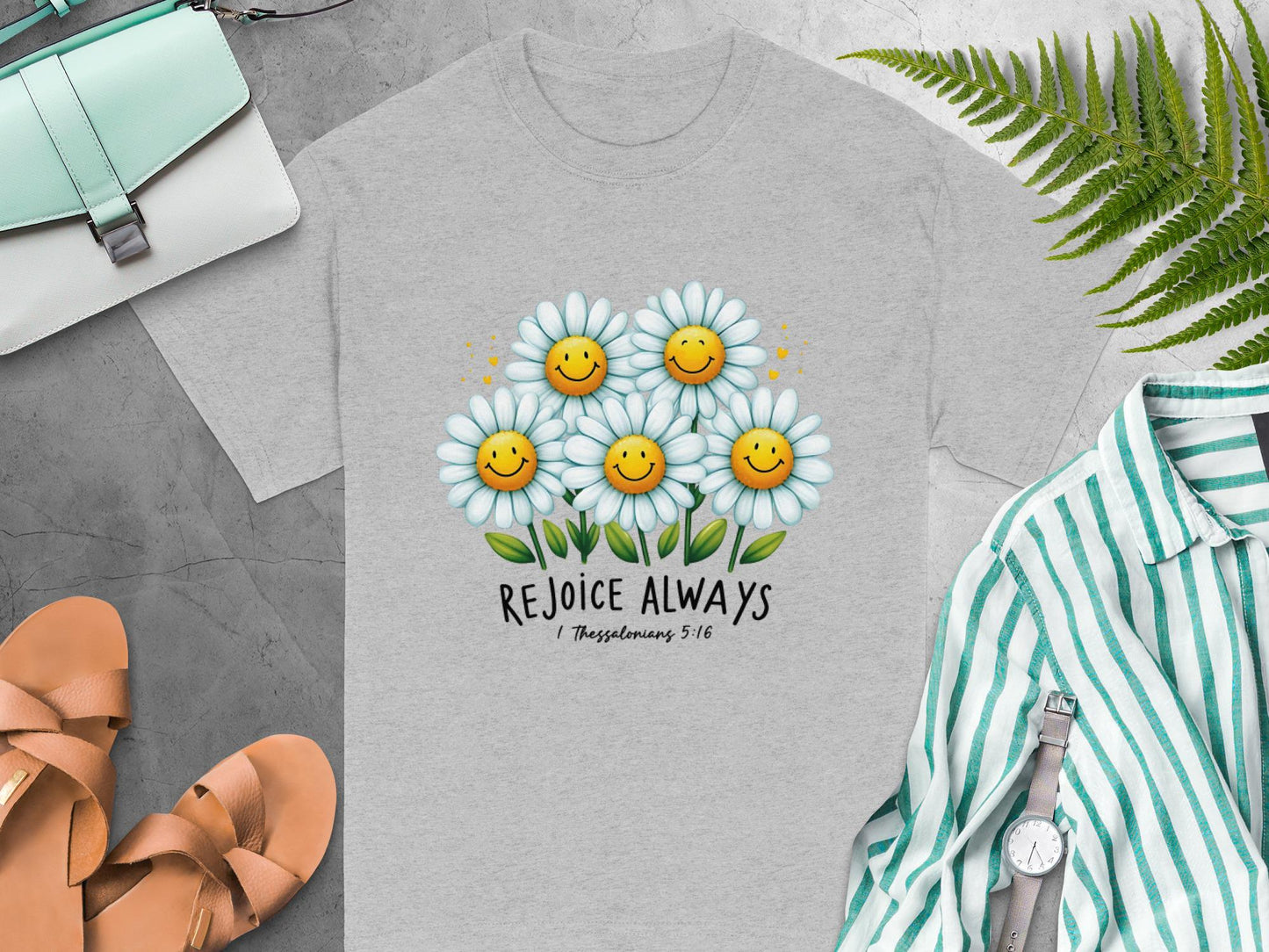 Rejoice Always T-Shirt, Daisy Smile Tee, Christian Verse Shirt, Inspirational Graphic T-Shirt, Floral Happiness Gift