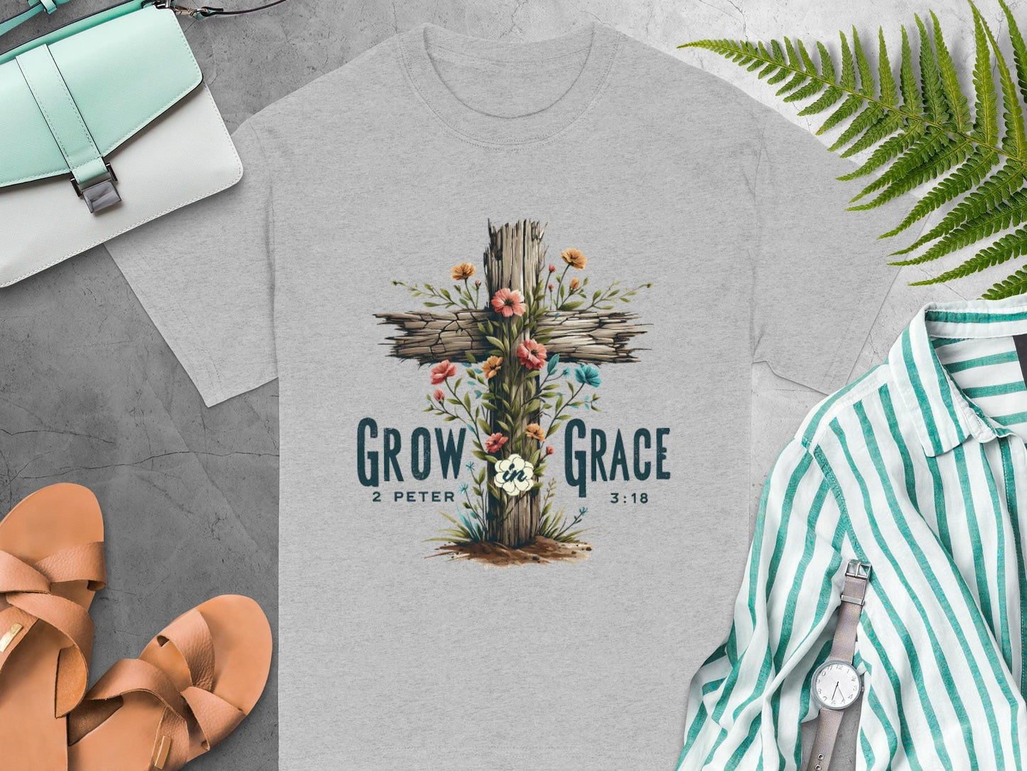 Grow In Grace T-Shirt, Floral Cross Tee, Christian Apparel, Religious Gift, Scripture T-Shirt, Unisex T-Shirt, Faith Based T-Shirt