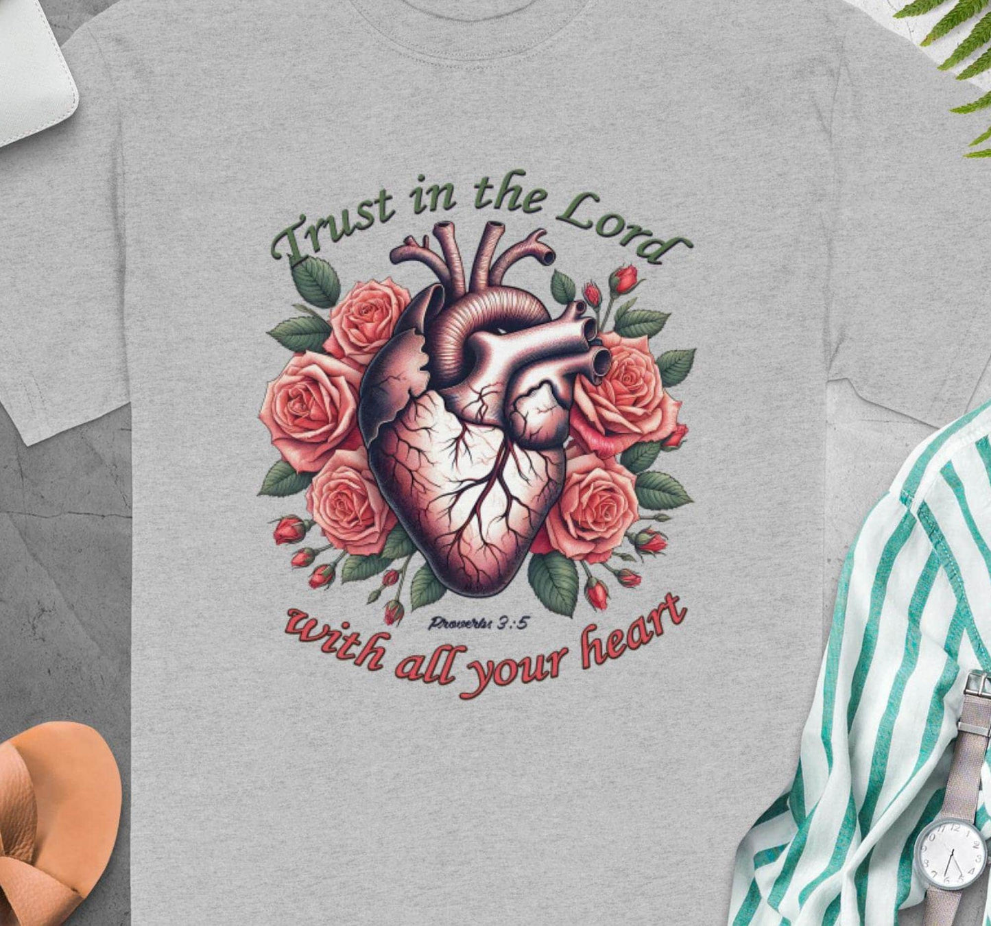 Trust in the Lord T-Shirt, Anatomical Heart T-Shirt, Roses T-Shirt, Floral Heart Shirt, Religious T-Shirt, Proverbs 3 5 T-Shirt