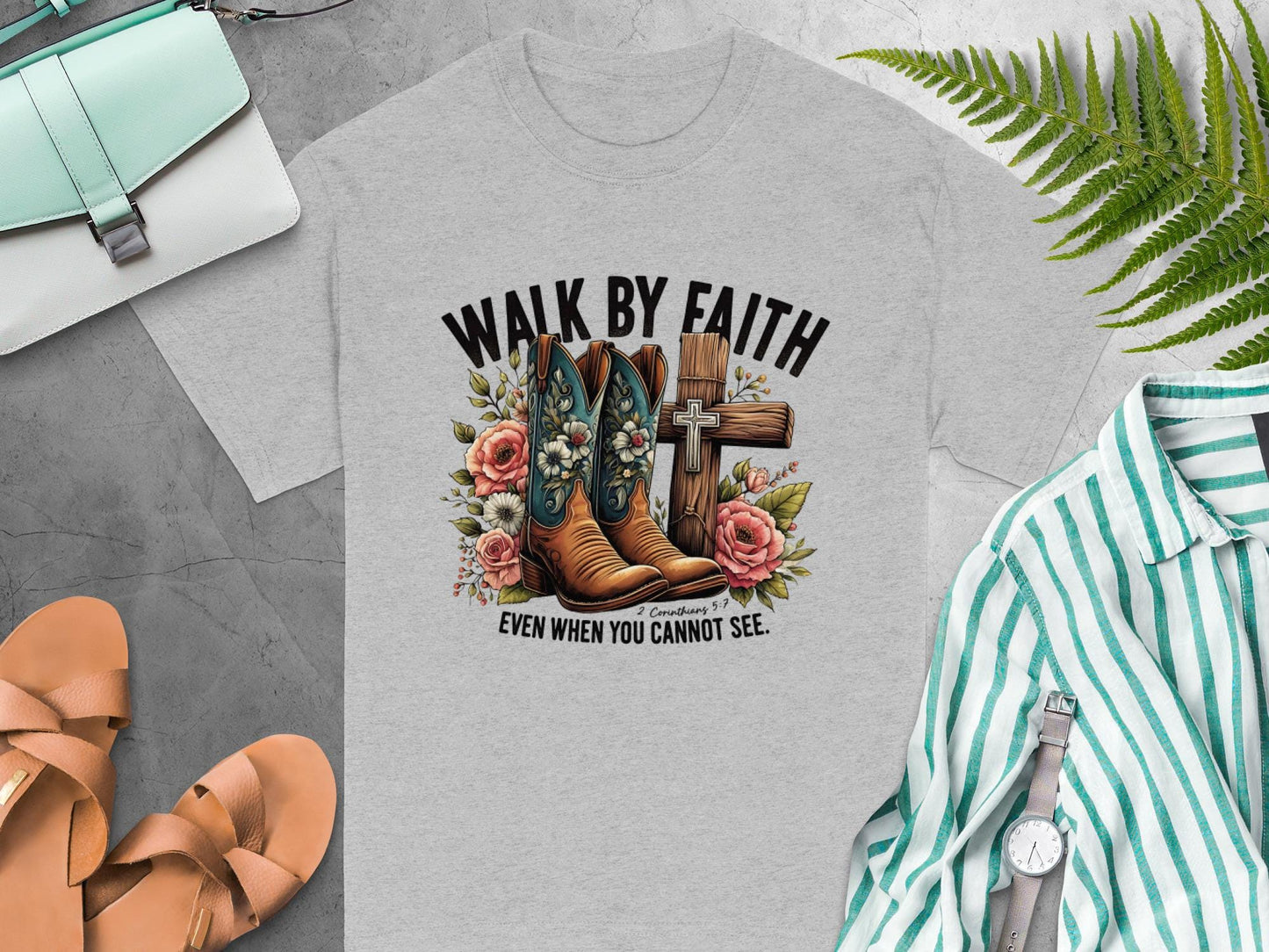 Walk by Faith T-Shirt, Floral Boots, Christian Gift, Religious Tee, Cross Graphic, Even When You Cannot See, Spiritual Clothing