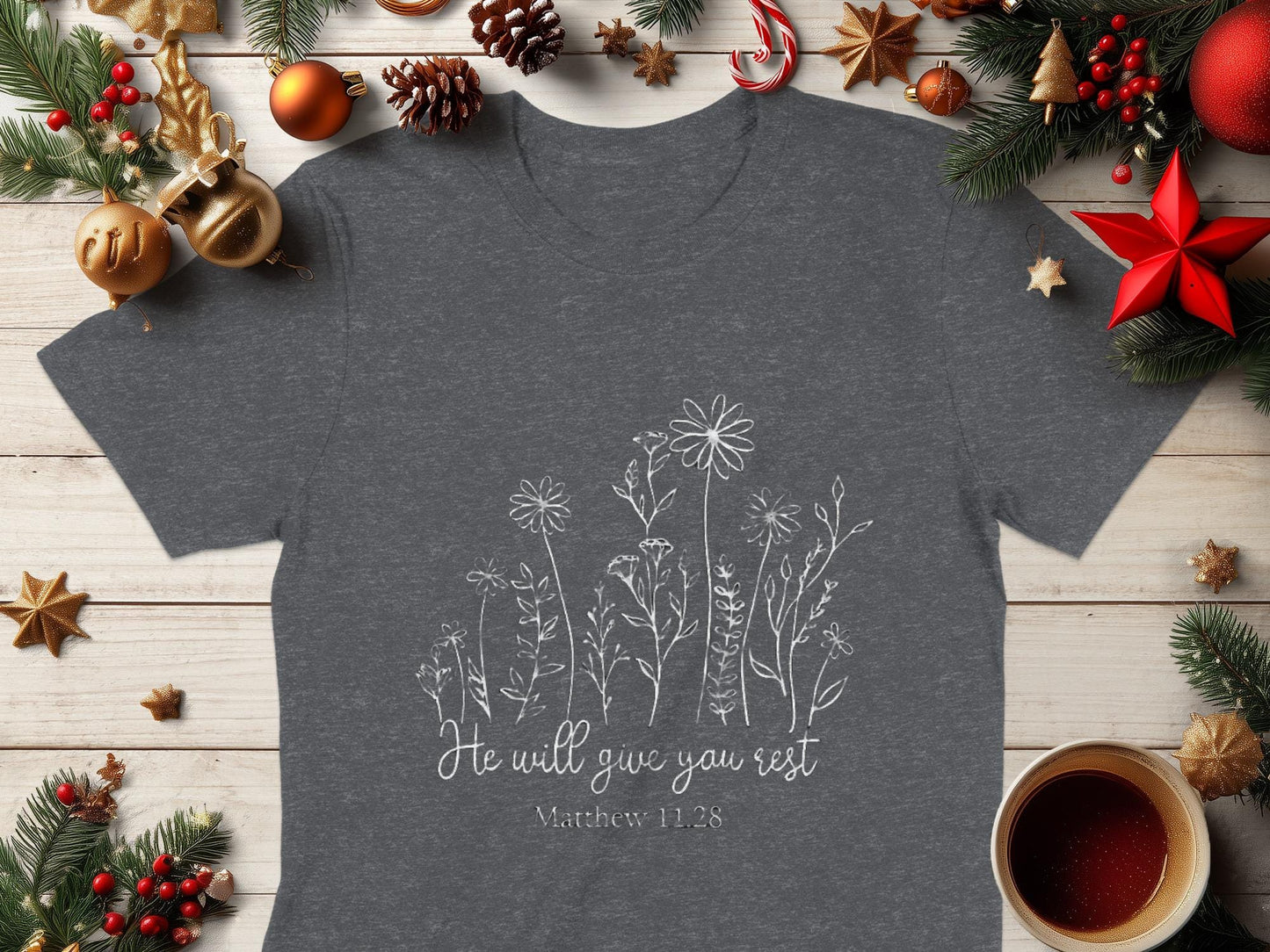 He Will Give You Rest T-Shirt, Religious Shirt, Matthew 11 28 Shirt, Christian T-Shirt, Floral Shirt, Bible Verse Shirt