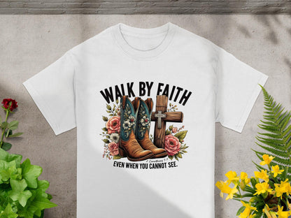 Walk by Faith T-Shirt, Floral Boots, Christian Gift, Religious Tee, Cross Graphic, Even When You Cannot See, Spiritual Clothing