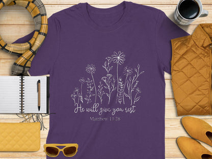 He Will Give You Rest T-Shirt, Religious Shirt, Matthew 11 28 Shirt, Christian T-Shirt, Floral Shirt, Bible Verse Shirt