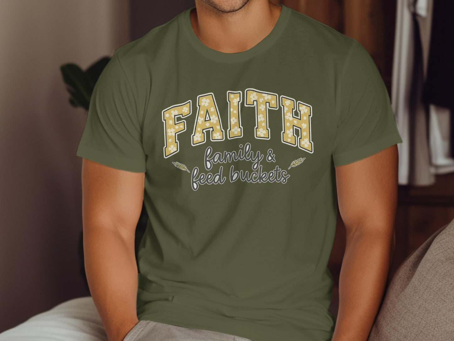 Faith Family T-Shirt, Feed Buckets, Religious Graphic Tee, Christian Apparel, Inspirational Design, Trendy Shirt, Casual Outfit