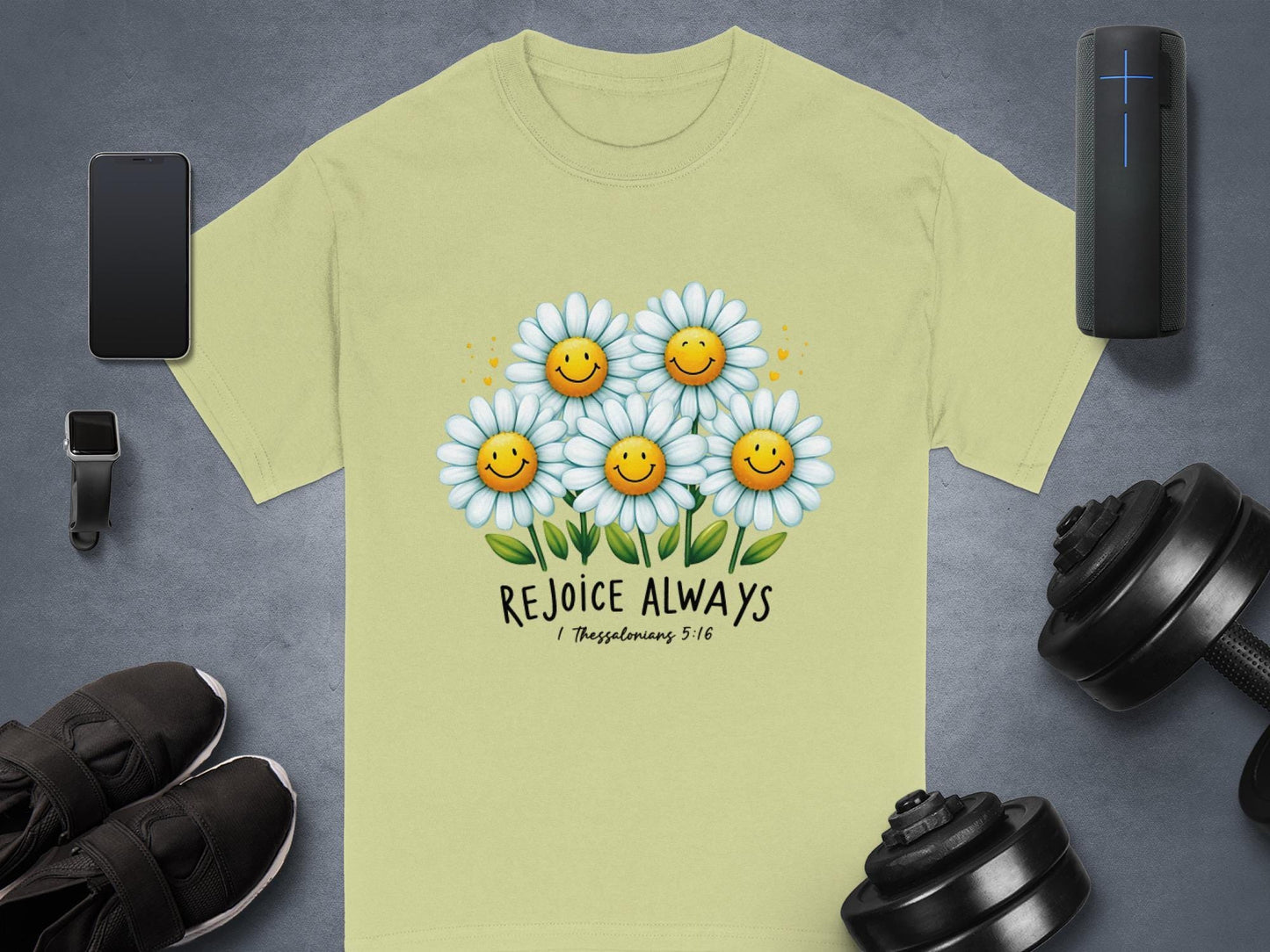 Rejoice Always T-Shirt, Daisy Smile Tee, Christian Verse Shirt, Inspirational Graphic T-Shirt, Floral Happiness Gift