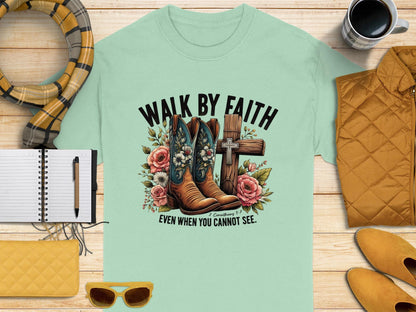 Walk by Faith T-Shirt, Floral Boots, Christian Gift, Religious Tee, Cross Graphic, Even When You Cannot See, Spiritual Clothing