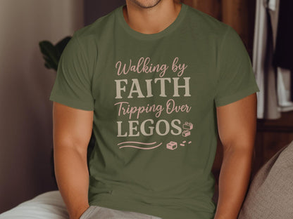 Walking by Faith Tripping Over Legos T-Shirt, Building Blocks, Christian Humor Tee, Parent Life Shirt, Gift for Mom Dad