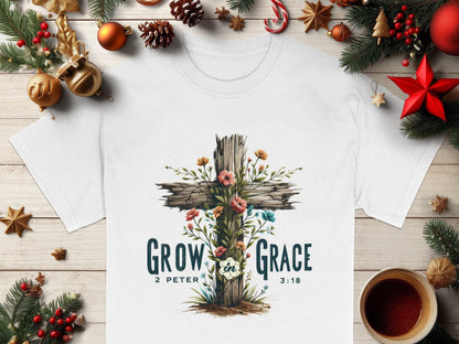 Grow In Grace T-Shirt, Floral Cross Tee, Christian Apparel, Religious Gift, Scripture T-Shirt, Unisex T-Shirt, Faith Based T-Shirt