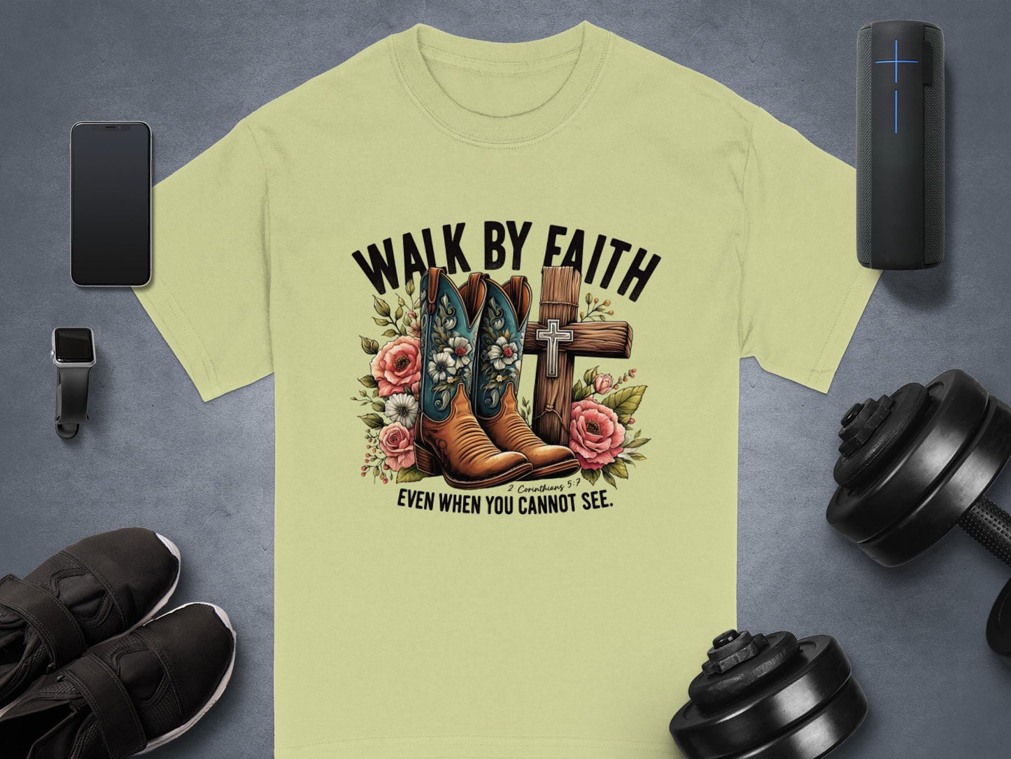 Walk by Faith T-Shirt, Floral Boots, Christian Gift, Religious Tee, Cross Graphic, Even When You Cannot See, Spiritual Clothing